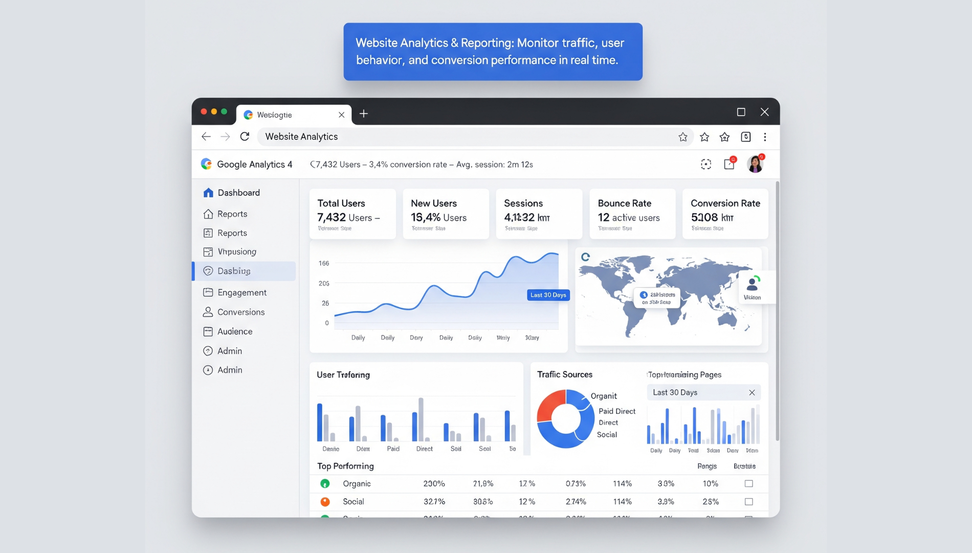 Analytics dashboard displaying website traffic, bounce rate, and user engagement metrics on a desktop screen.
