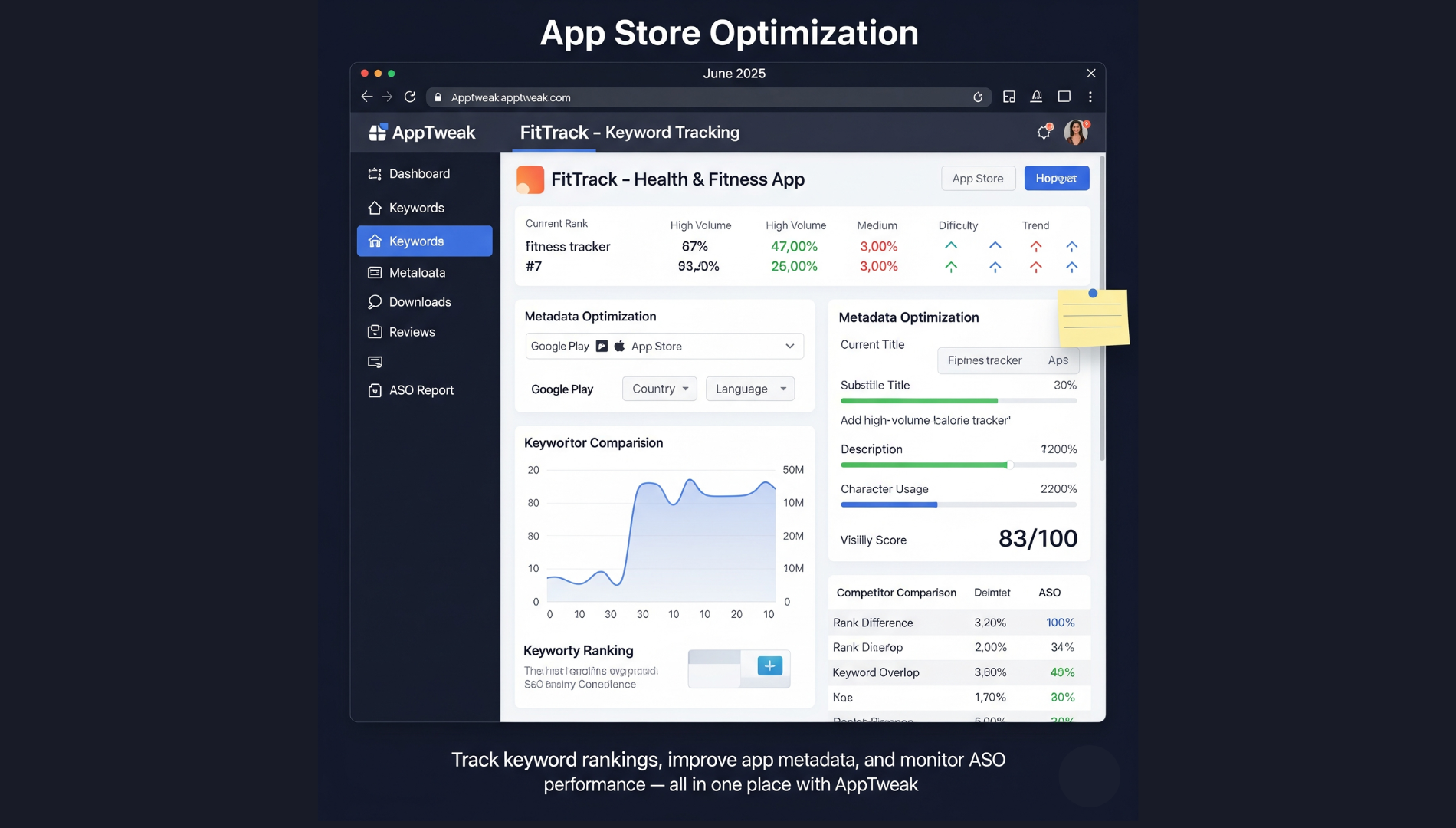 AppTweak dashboard showing keyword rankings, metadata performance, and app competitor comparisons for ASO.