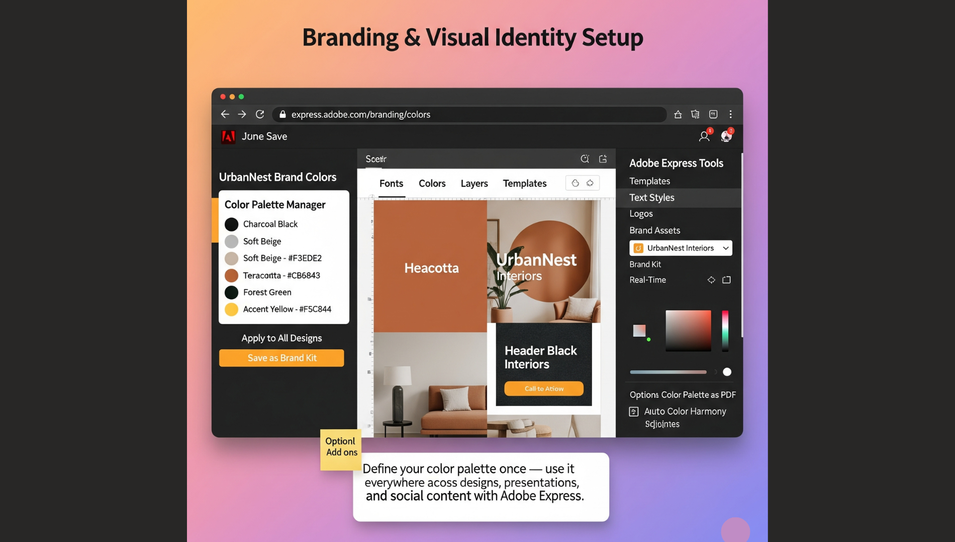 Brand mood board displaying a color palette with primary and secondary brand colors, codes, and examples in use.