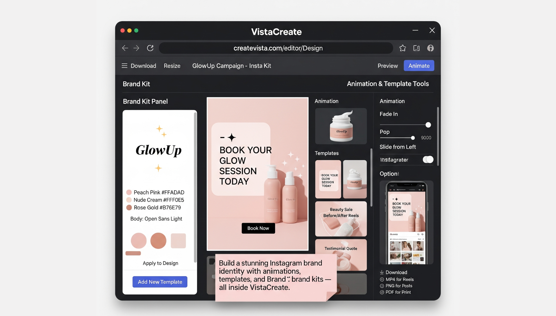 VistaCreate (Crello) dashboard showing animated social media post templates, logo overlays, and visual elements for branding.