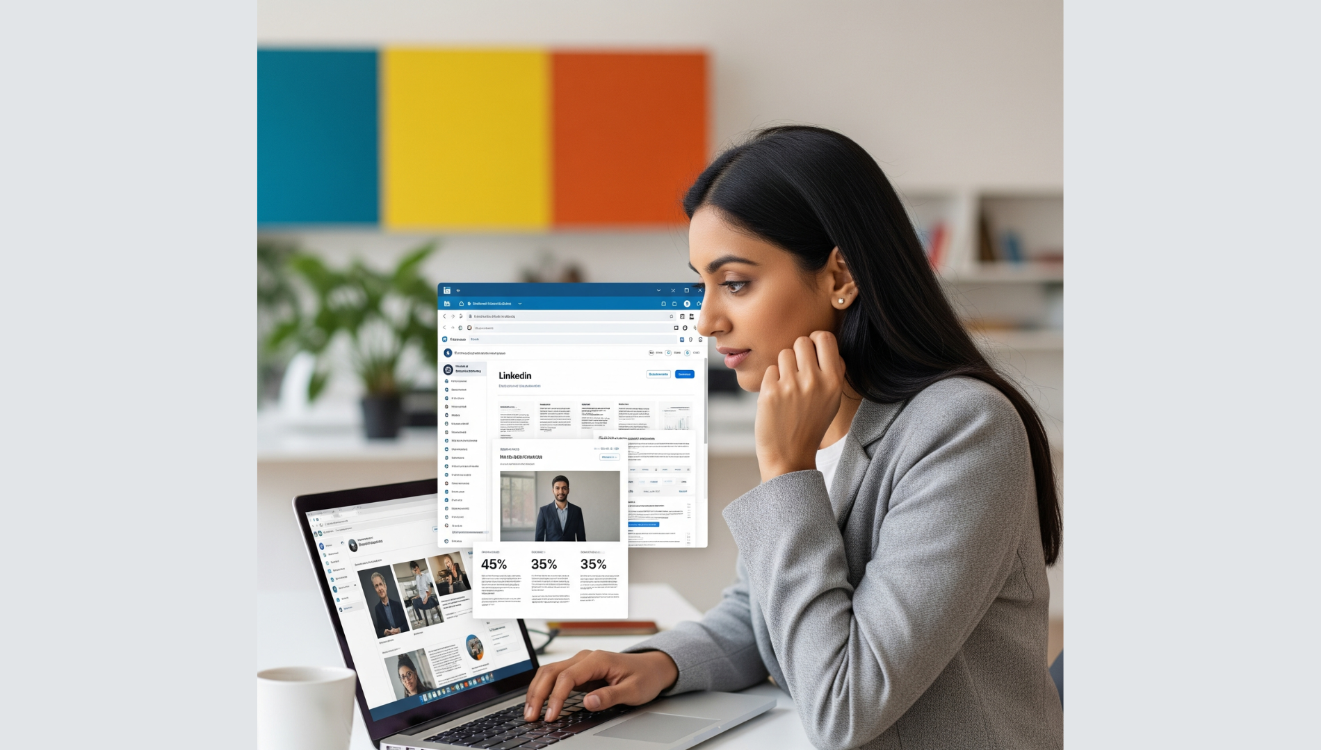 Confident woman watching a business video tutorial on her laptop while taking notes at her desk.