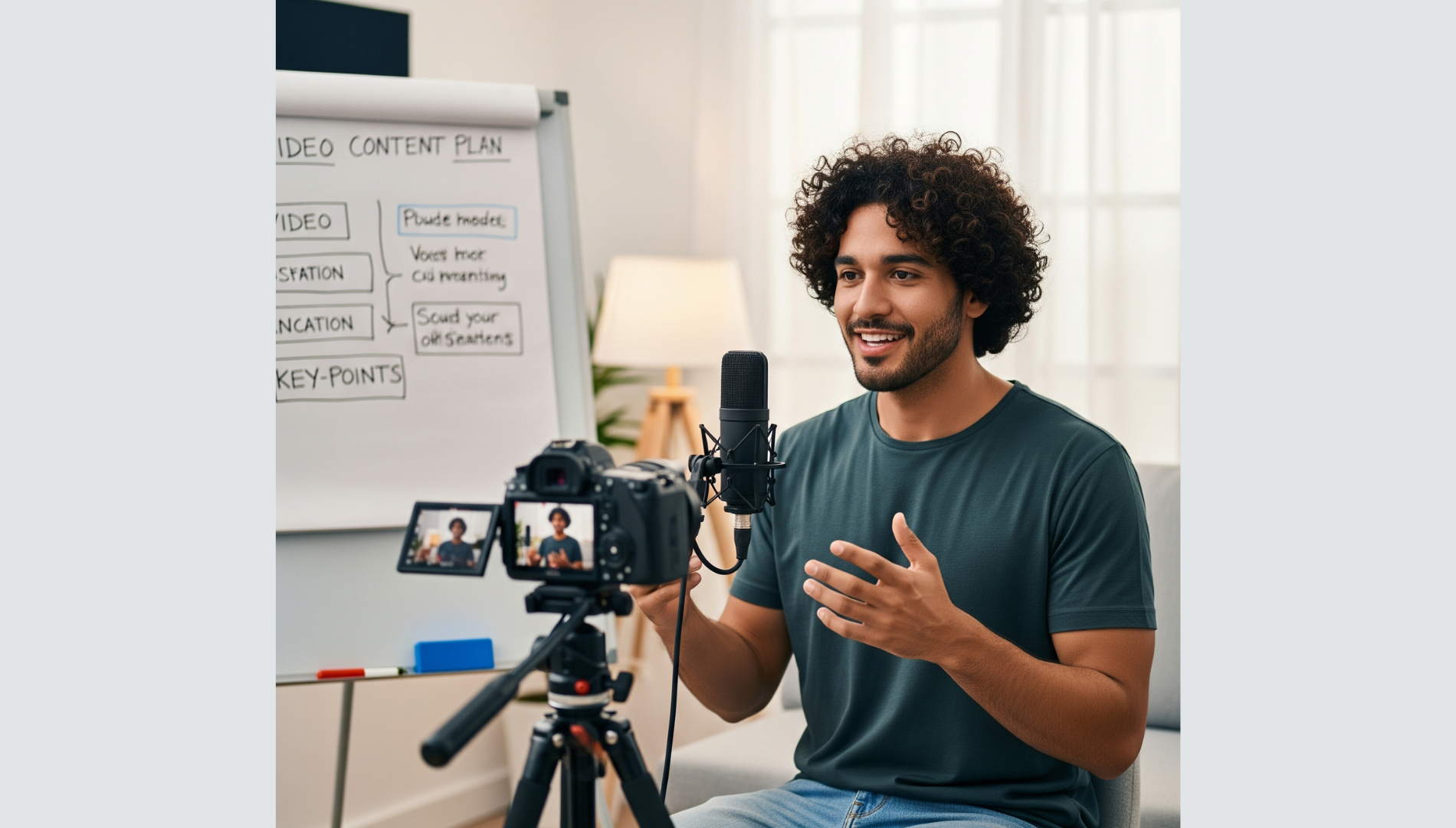 Young content creator filming a social media video with a smartphone and ring light in a home studio setup.
