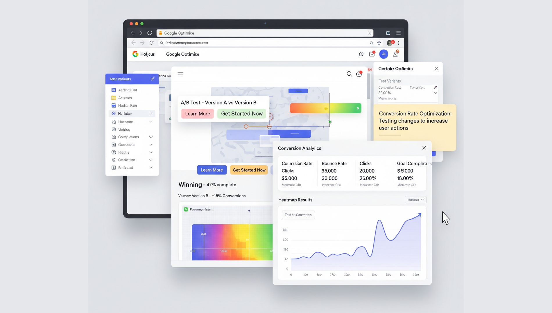 Google Optimize interface showing test setup with variants and performance metrics for a website experiment.