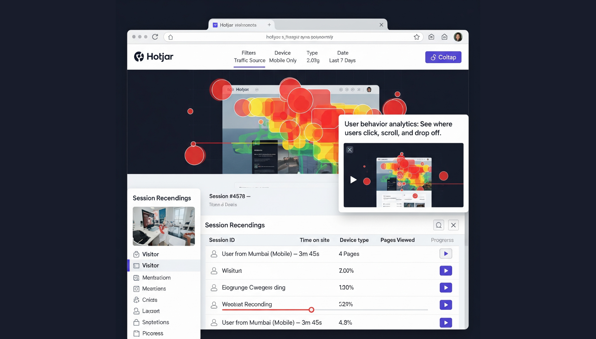 Hotjar heatmap showing where users click and scroll the most on a website homepage.