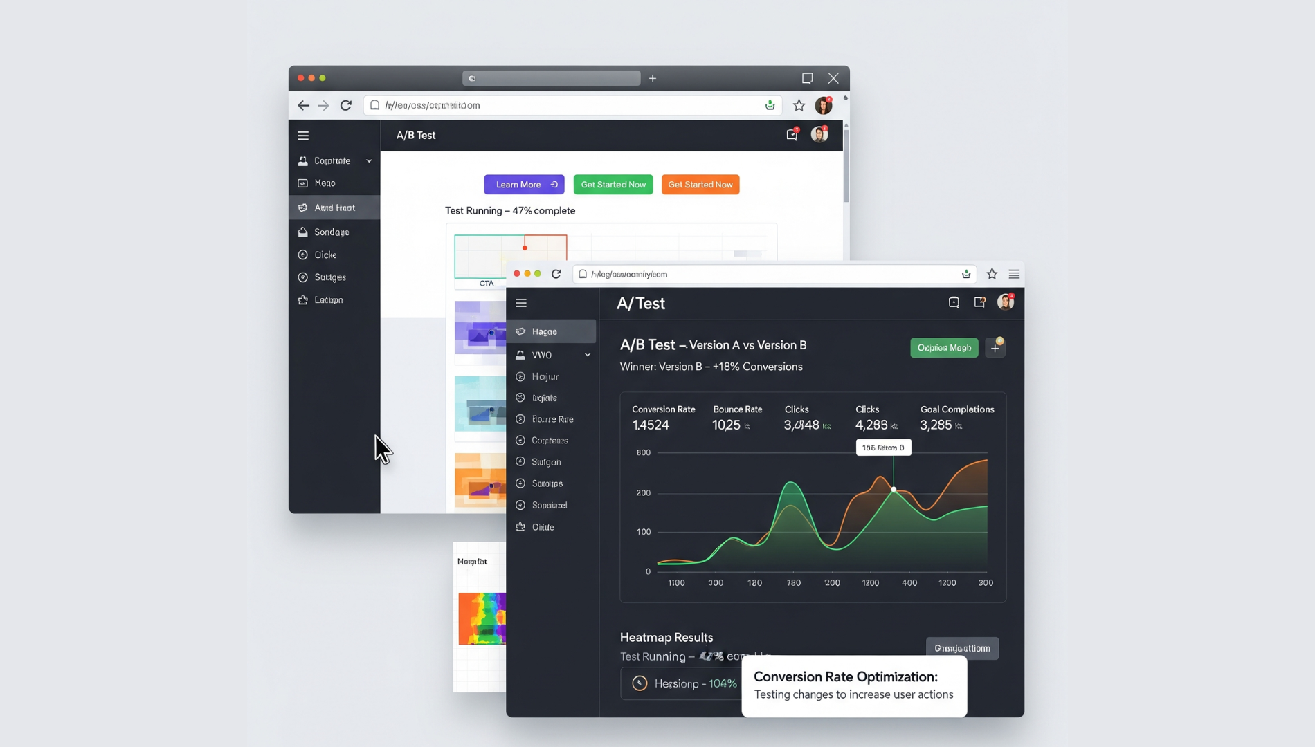 Split screen showing two versions of a landing page being tested for different headlines and call-to-actions.