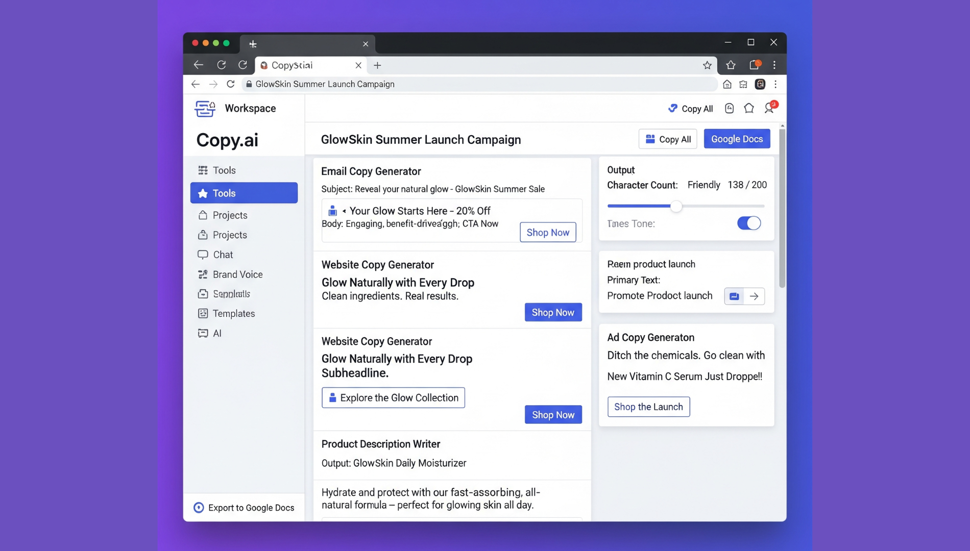 Copy.ai interface generating email subject lines, ad copy, and product descriptions for a marketing campaign.