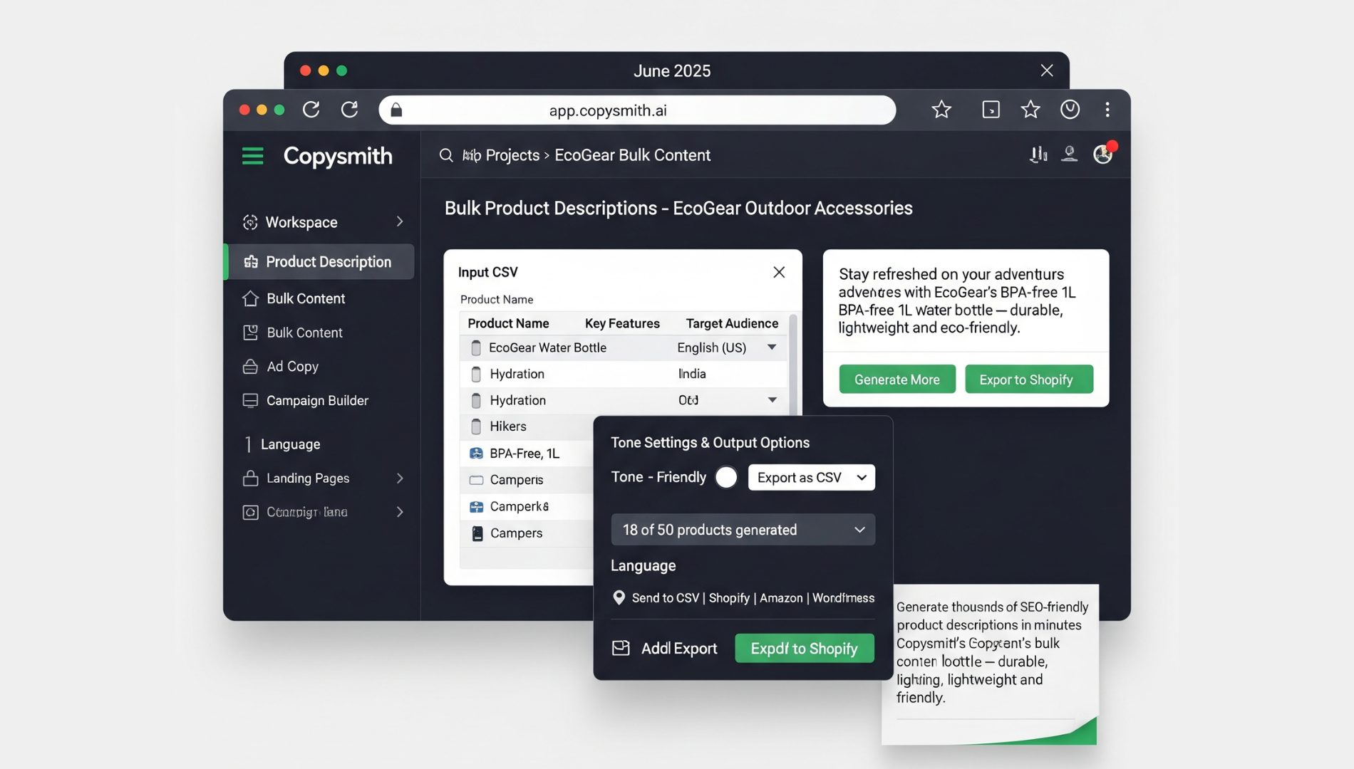 Copysmith platform generating bulk product descriptions and meta content for an ecommerce store.