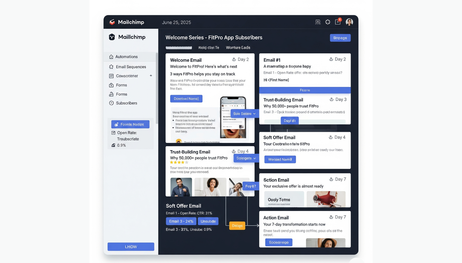 Marketing automation tool displaying a multi-step email sequence with scheduled send times and open rate metrics.