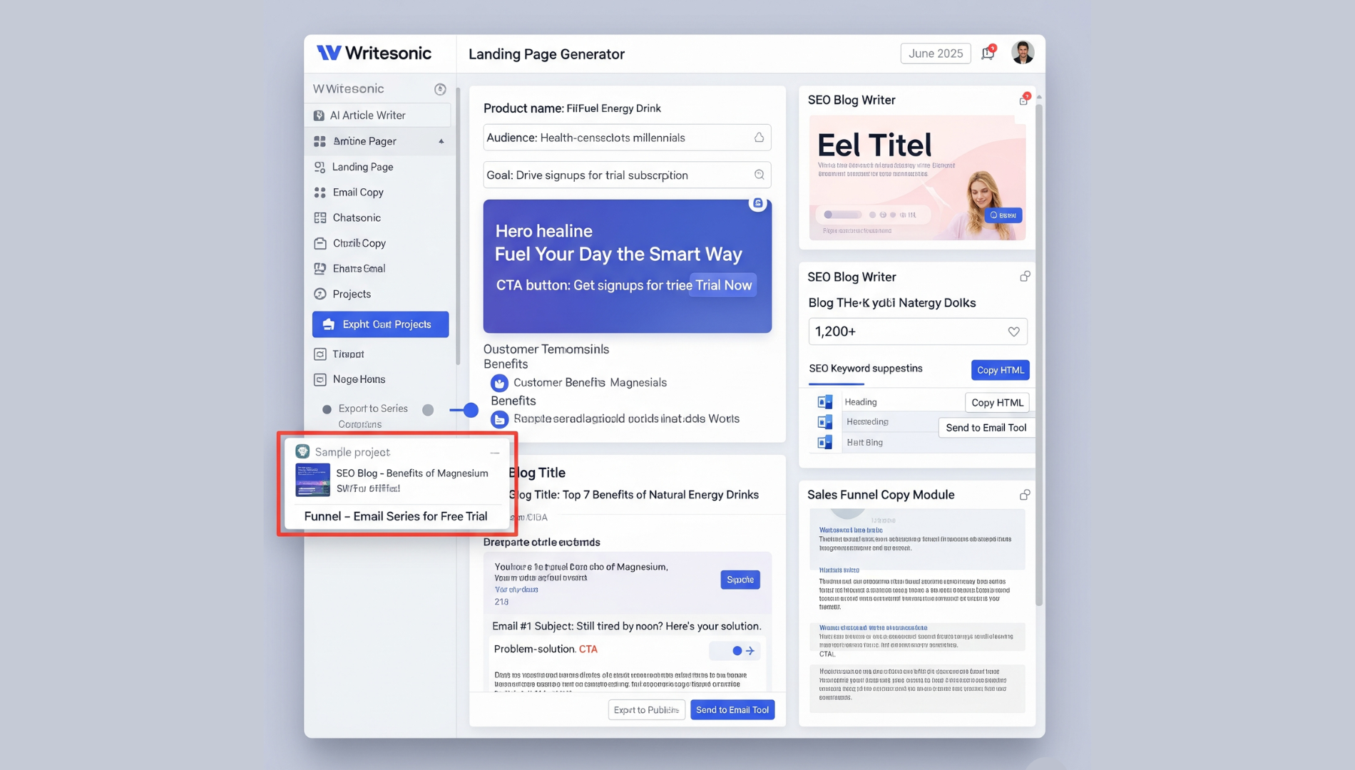 Writesonic dashboard showing landing page builder, SEO blog generation tool, and funnel copy templates.