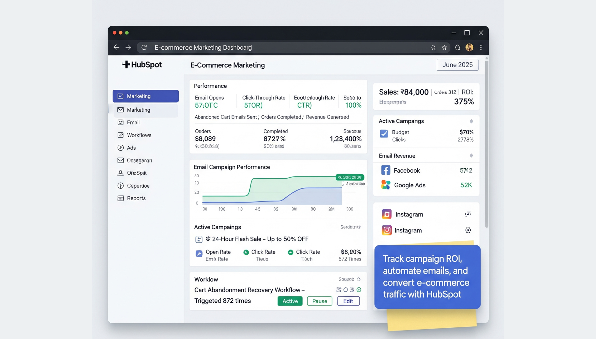 HubSpot marketing dashboard showing ecommerce campaign performance, lead tracking, and automated email workflows.
