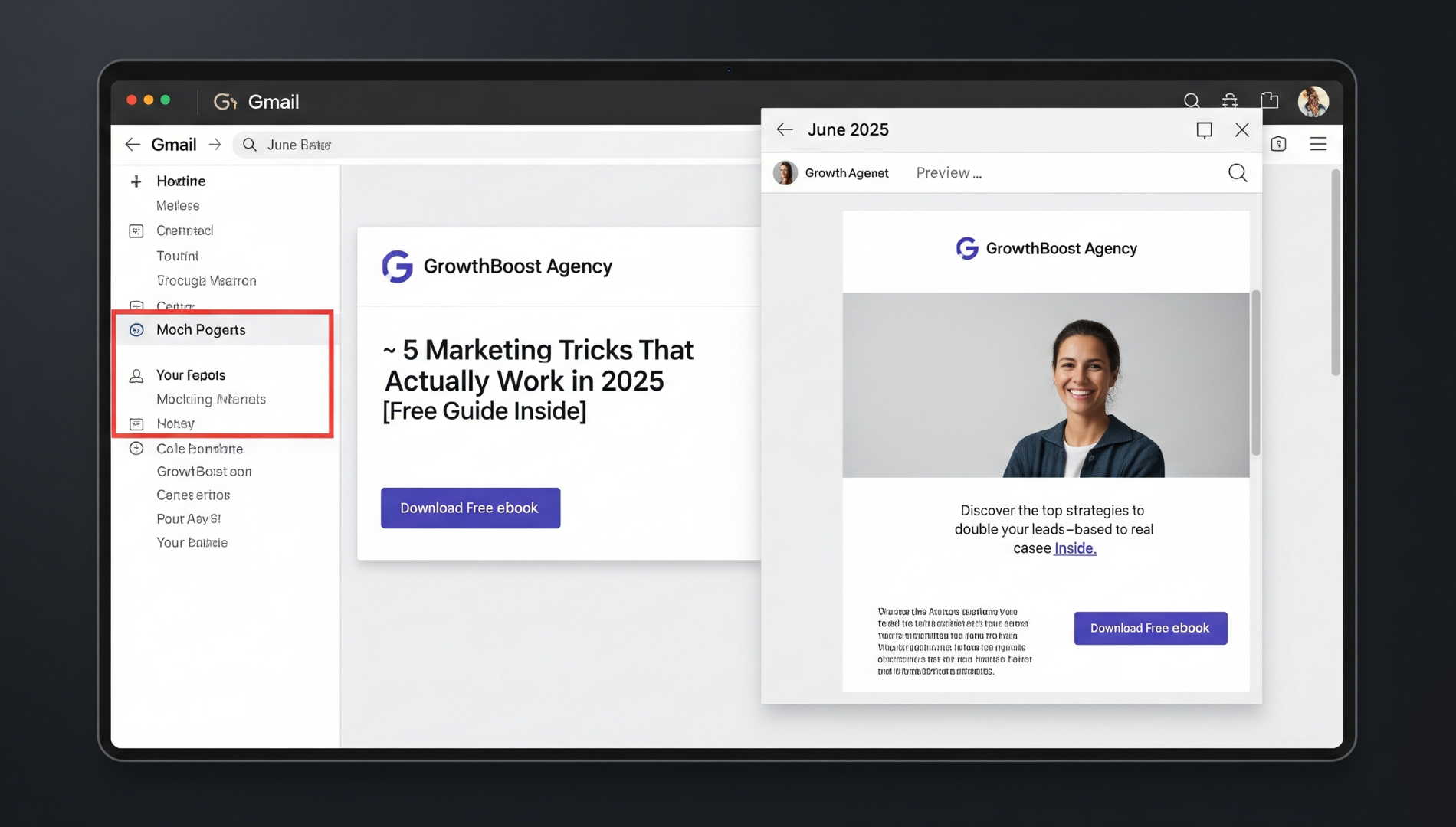 List of digital marketing services like SEO, paid ads, social media, and automation on screen with team in background