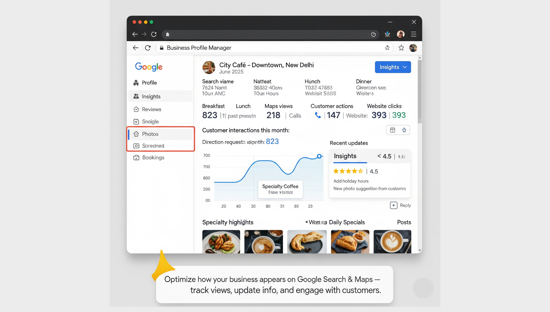 Google Business Profile dashboard showing business information, reviews, and post insights on a desktop screen.
