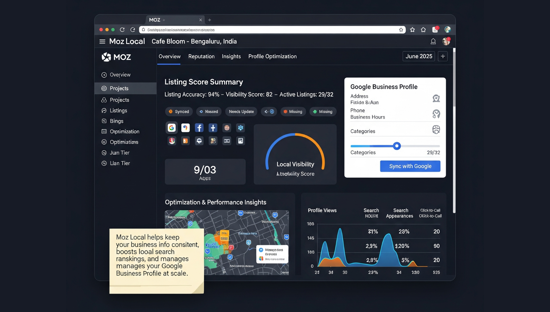 Moz Local dashboard showing local search presence, listing accuracy, and keyword rank tracking for multiple locations.