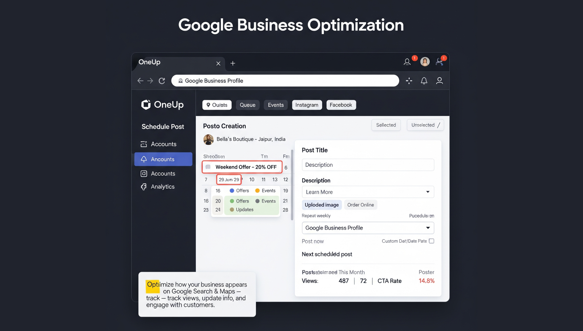 OneUp scheduling dashboard with upcoming Google Posts for sales promotions and updates.