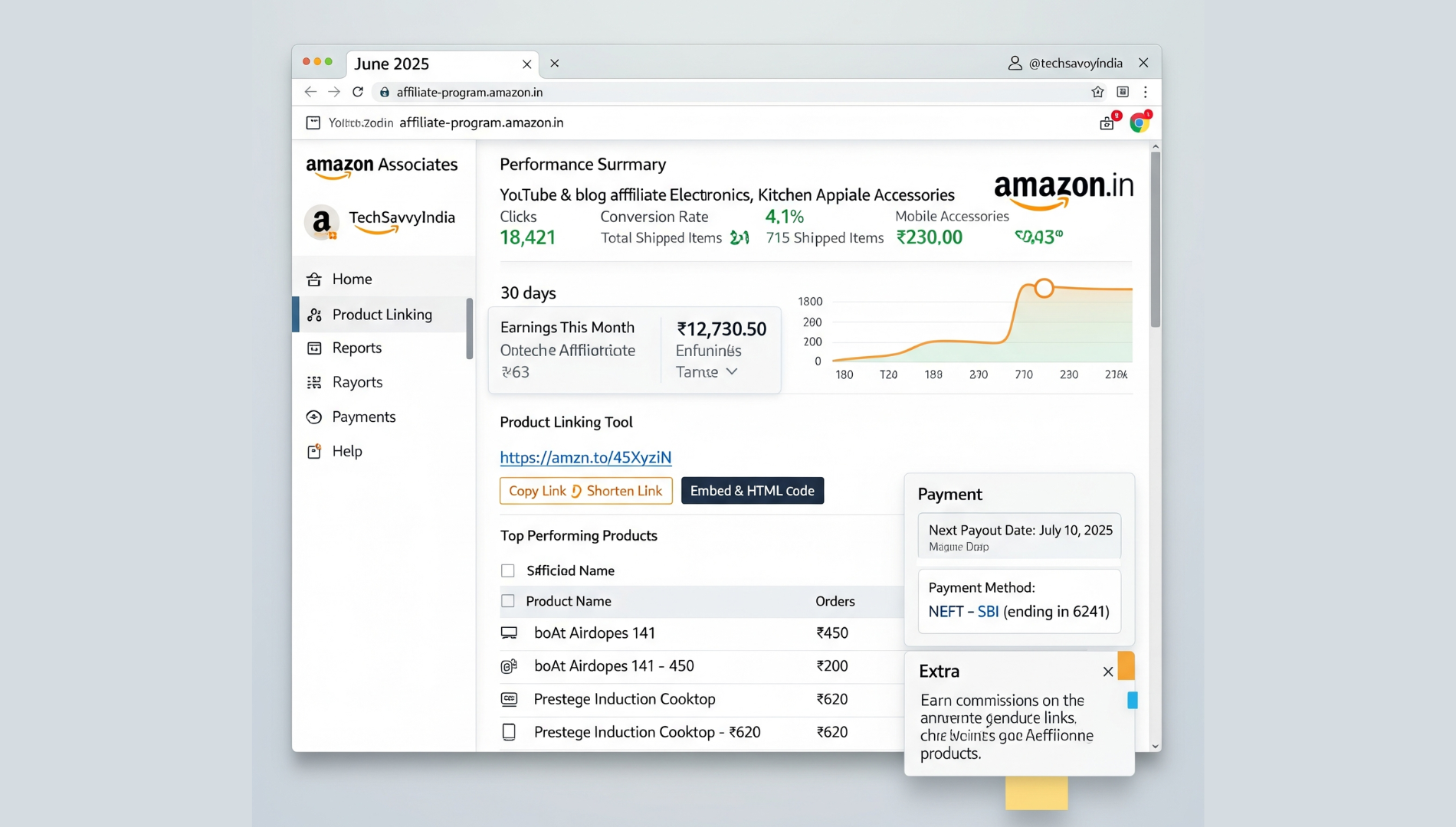 Amazon Associates dashboard showing affiliate links, clicks, and earnings for mobile-driven sales.