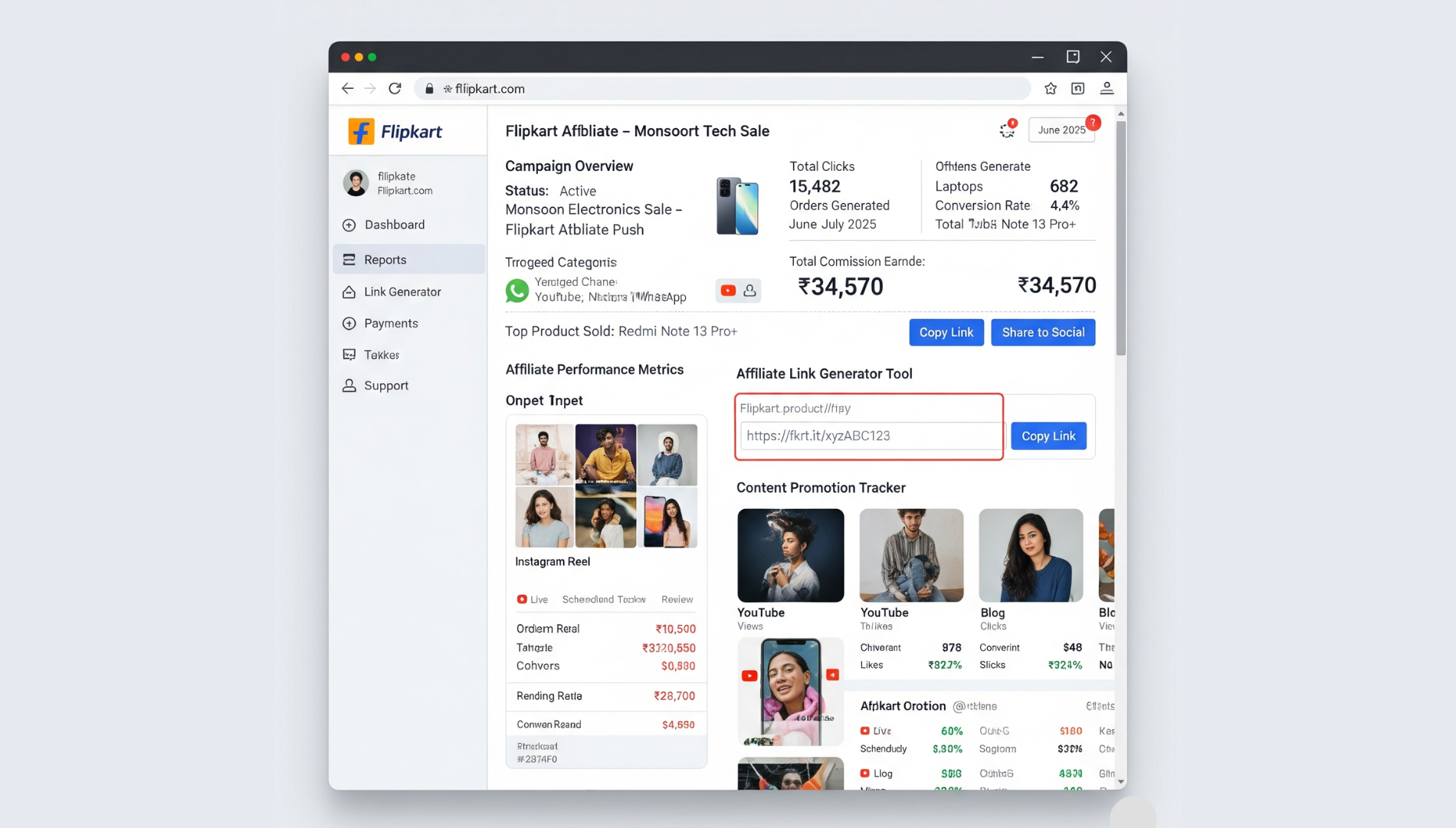 Flipkart affiliate dashboard showing product promotions, earnings summary, and traffic sources from mobile content.