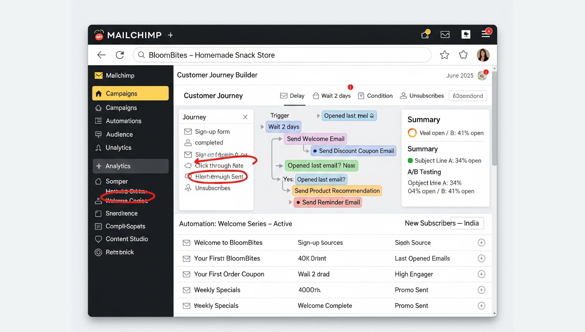Mailchimp platform showing campaign builder, email performance chart, and customer segments.