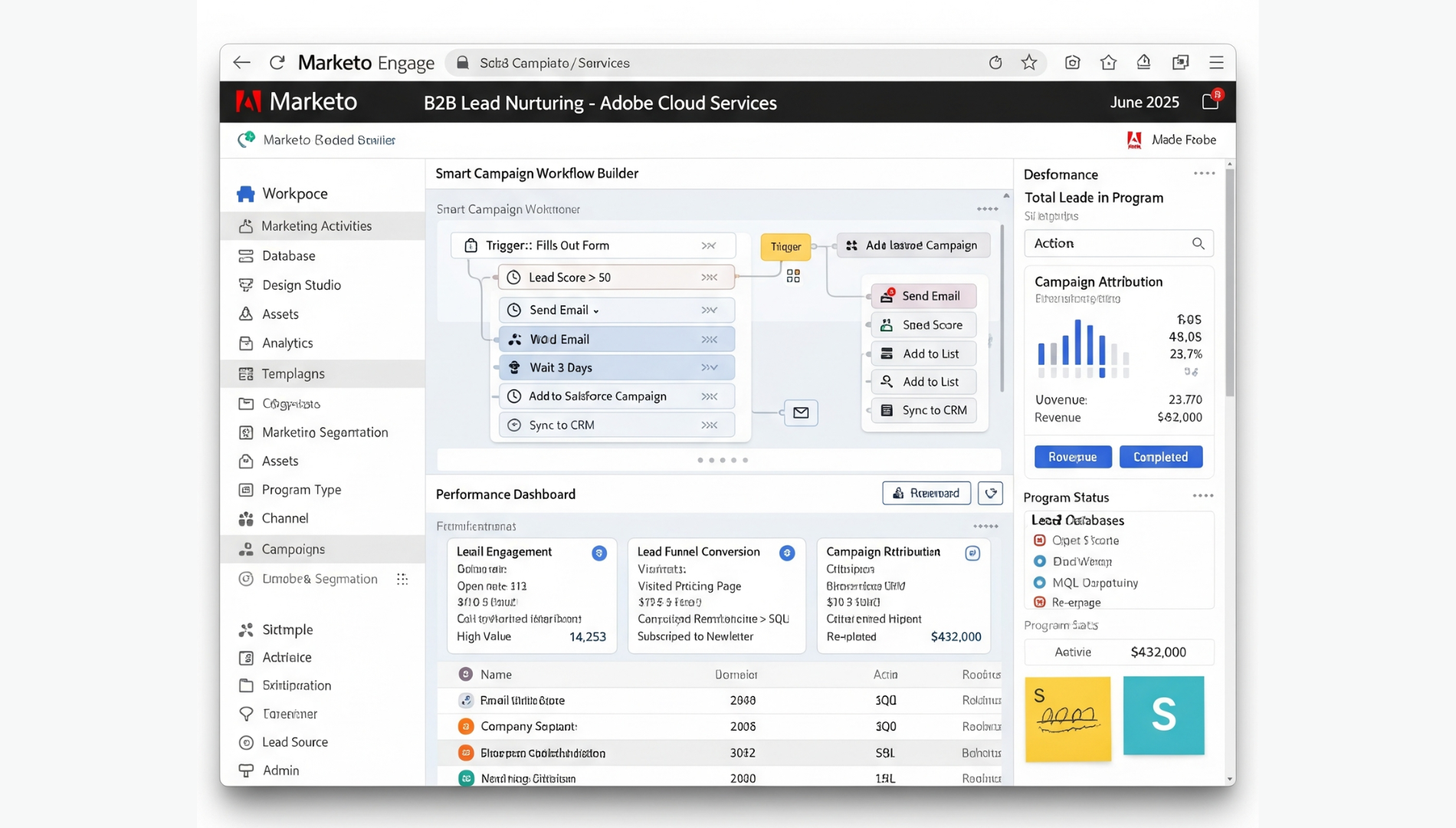 Marketo interface displaying lead nurturing workflow, advanced segmentation, and campaign performance metrics.