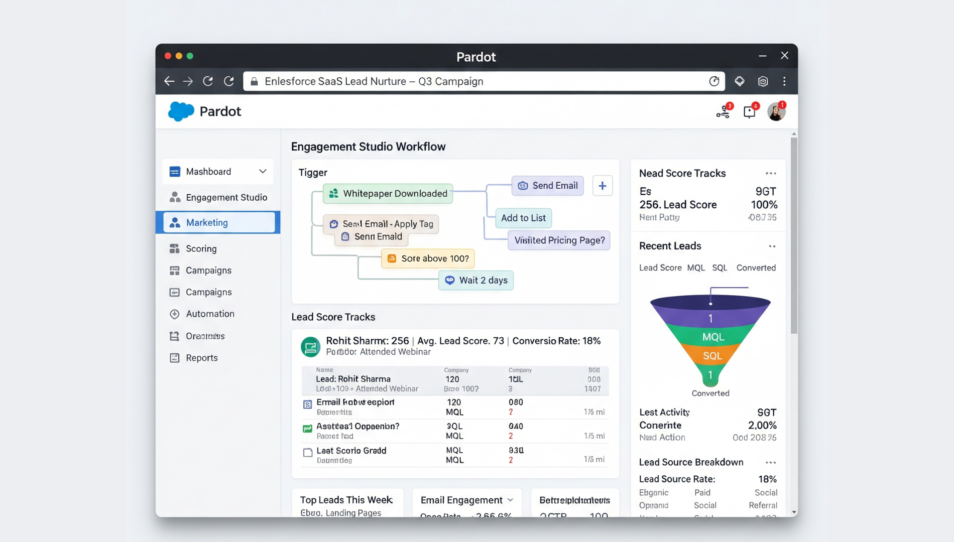 Pardot dashboard showing B2B lead scoring system, prospect activity timeline, and email performance.