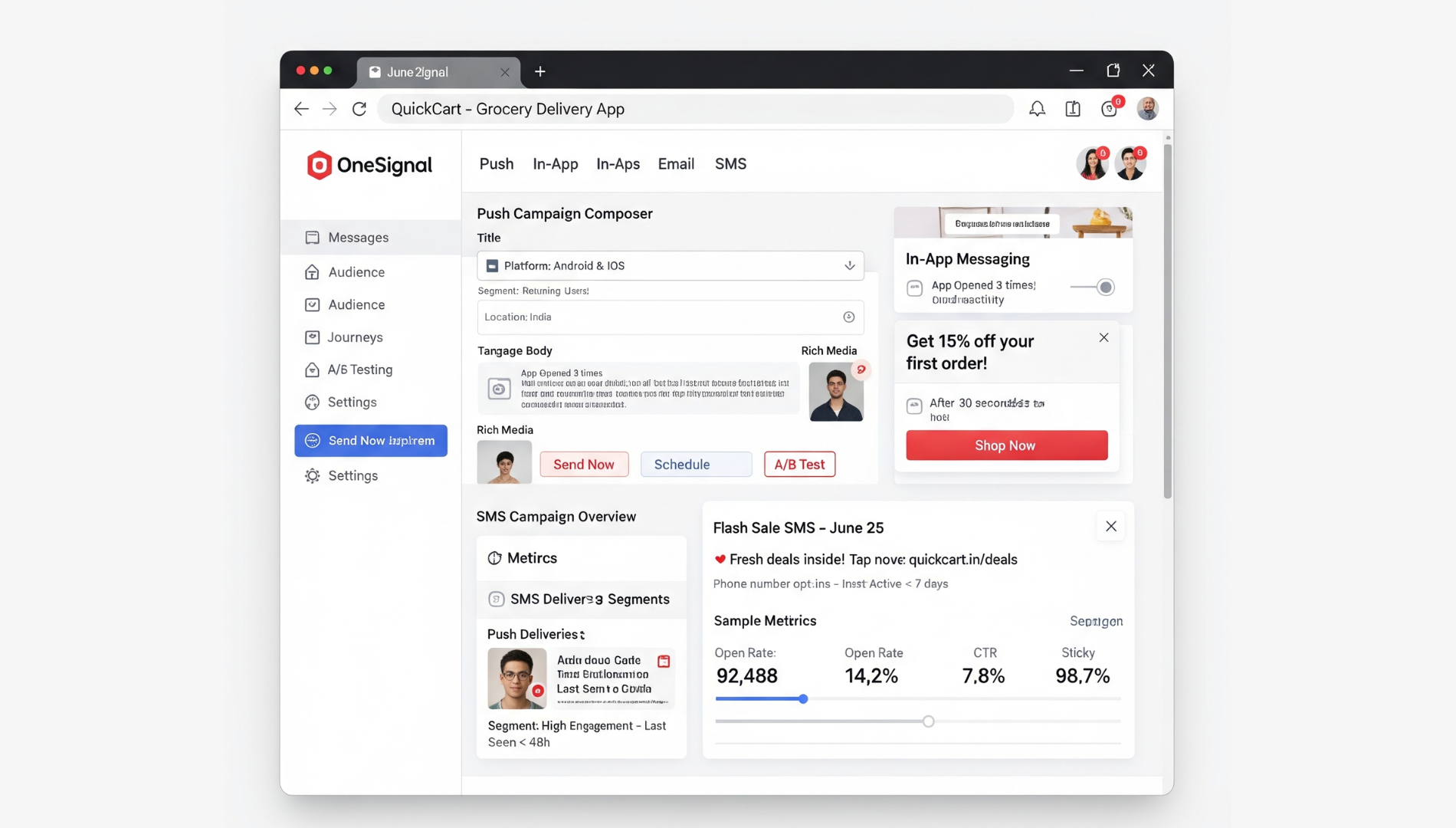 Firebase dashboard showing real-time analytics, crash reports, and in-app message editor for mobile apps.