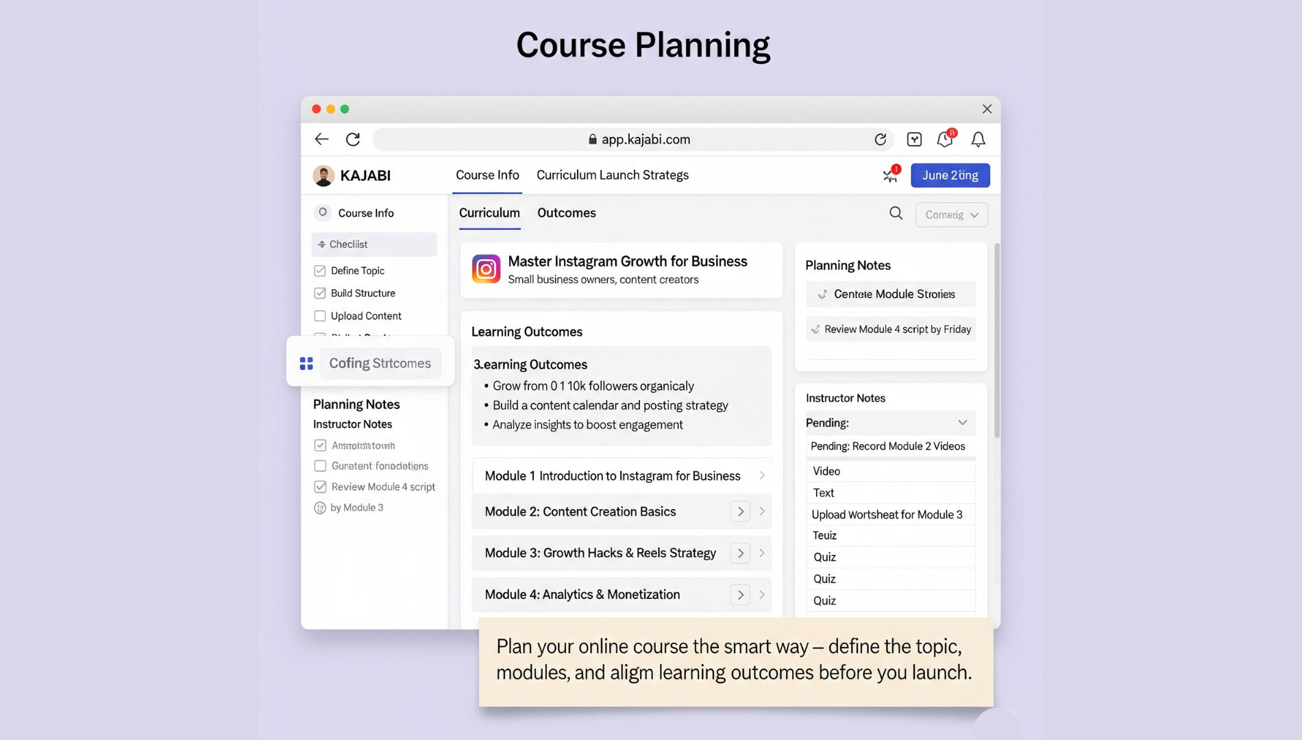 A course creator mapping out lesson plans, goals, and learning outcomes on a digital whiteboard or notebook