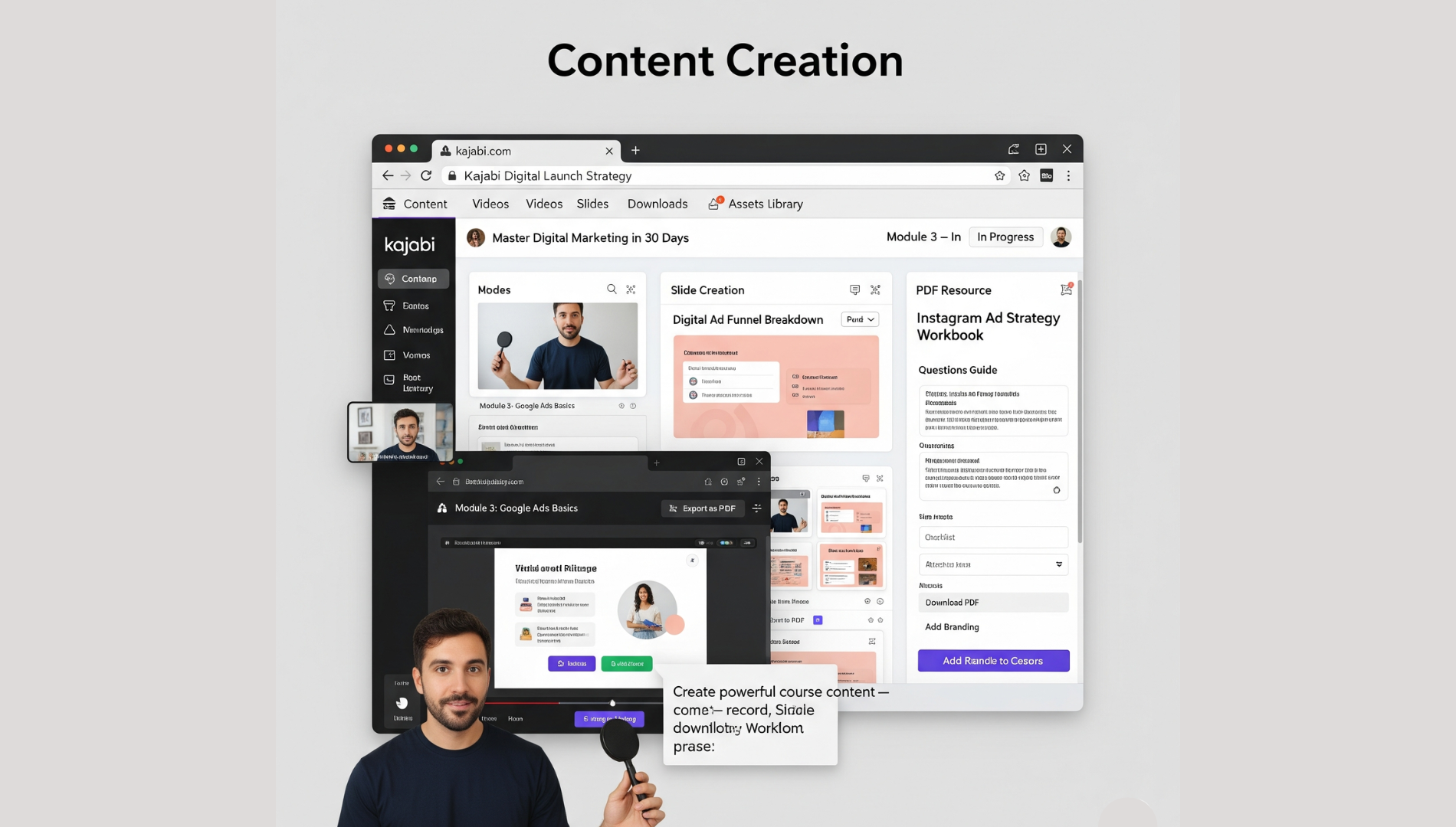 Content creator recording educational videos with a ring light, editing slides, and designing a downloadable course PDF.