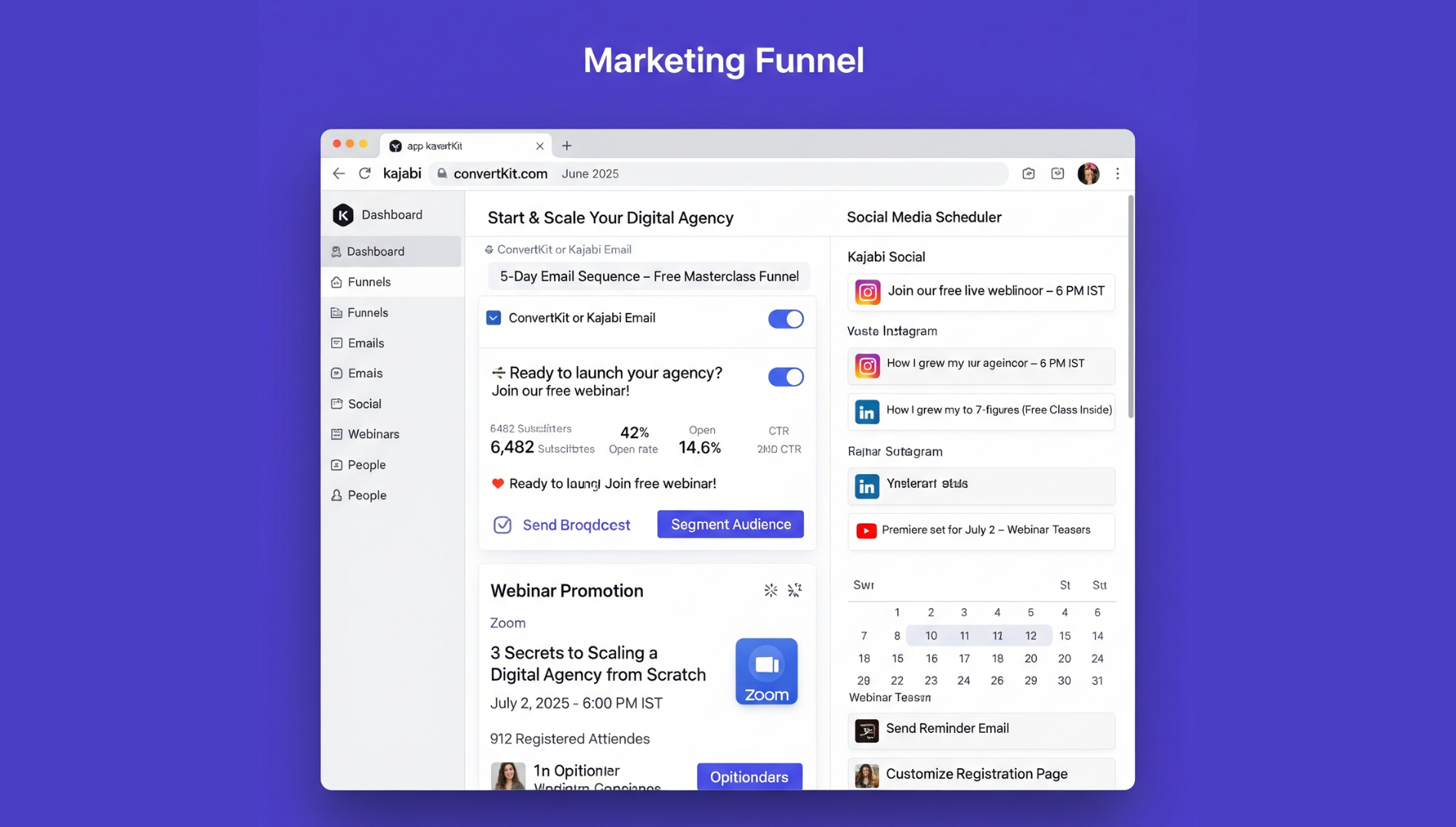 Marketing dashboard showing email automation, social media posts, and a live webinar countdown for course promotion.