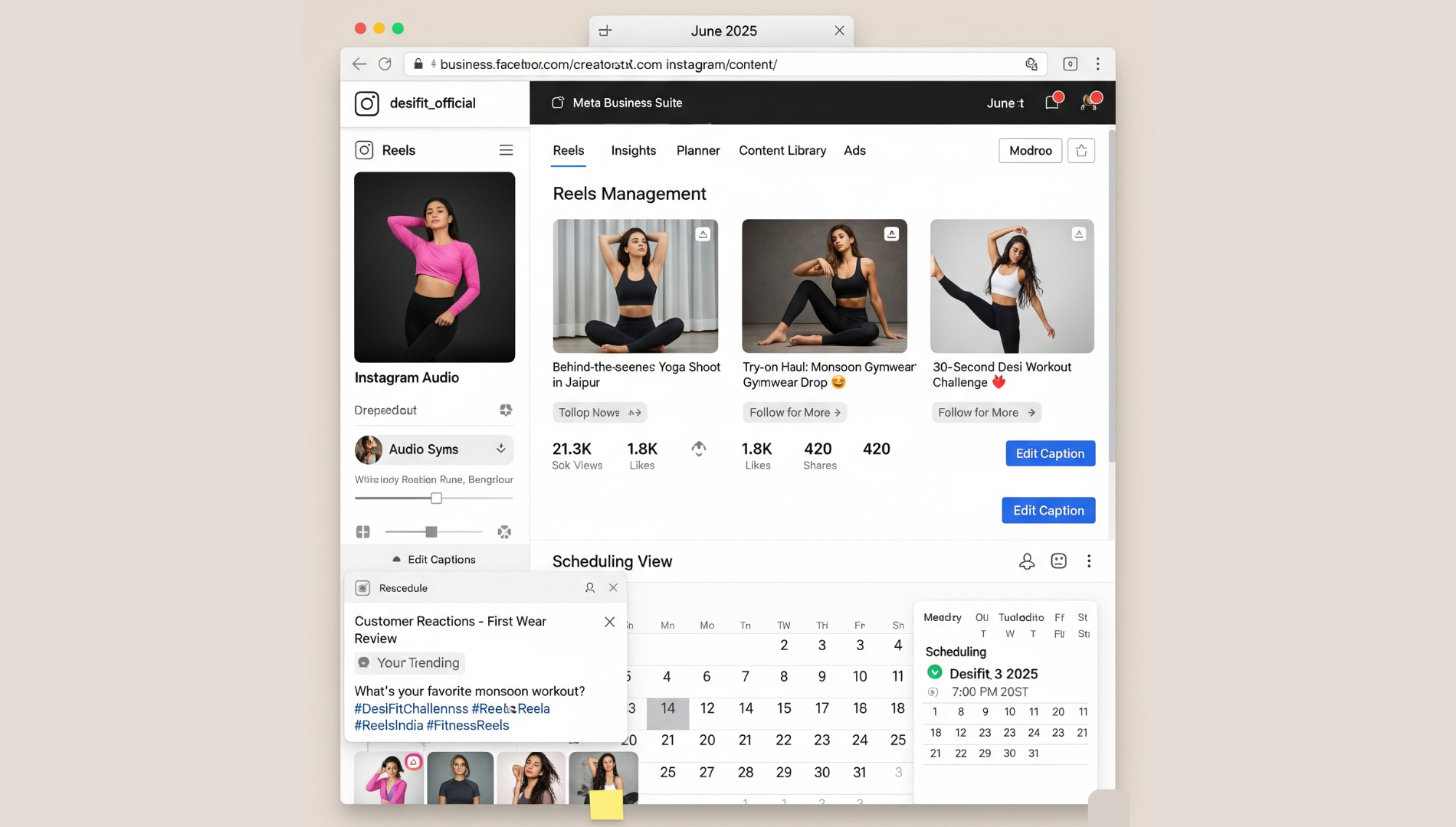 Instagram Reels feed displaying vertical videos with trending music, product shots, and branded motion graphics.