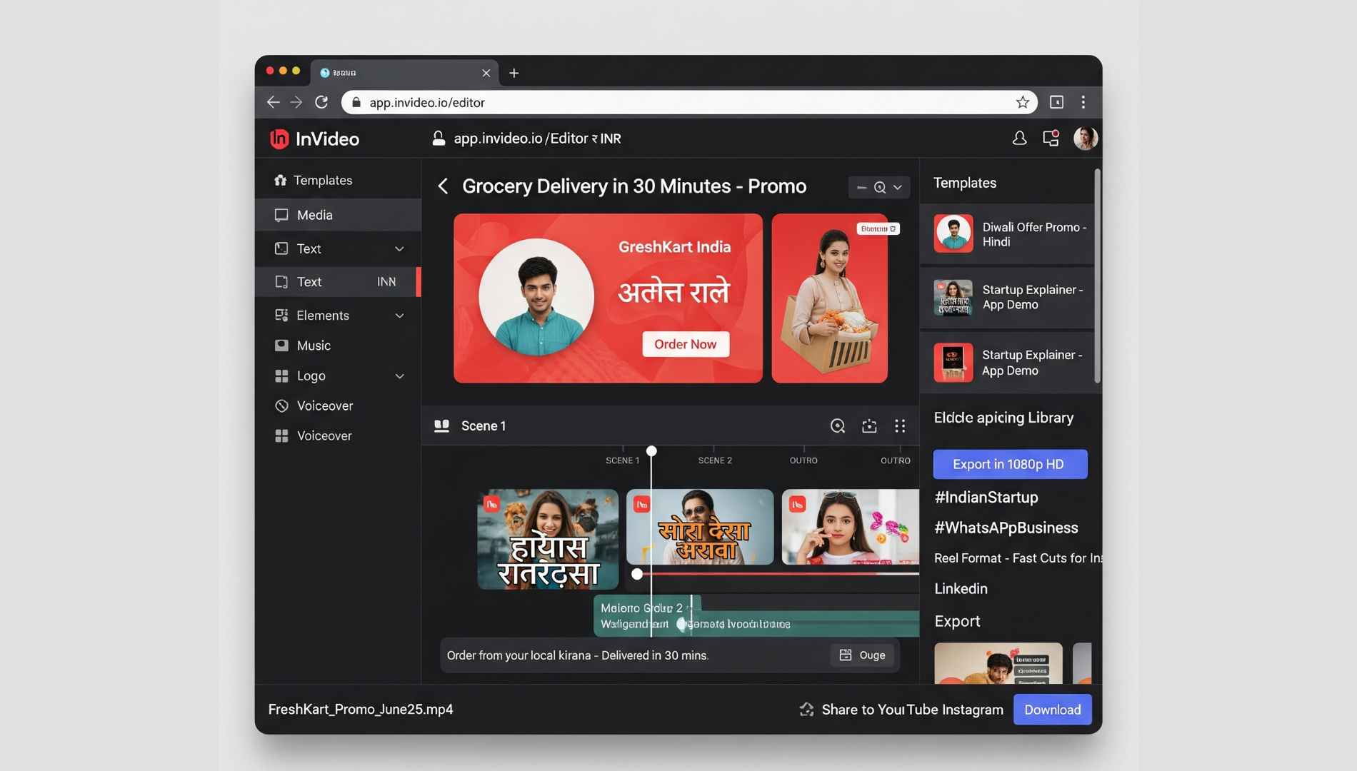 InVideo dashboard showing drag-and-drop video editor with prebuilt templates tailored for Indian brands and creators.