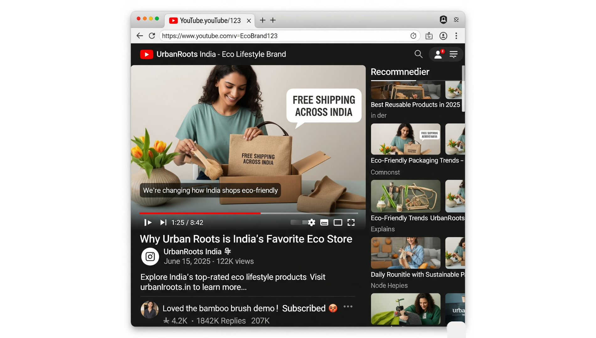 YouTube India interface showing a branded channel with long-form video content, tutorials, and vlogs in regional languages.