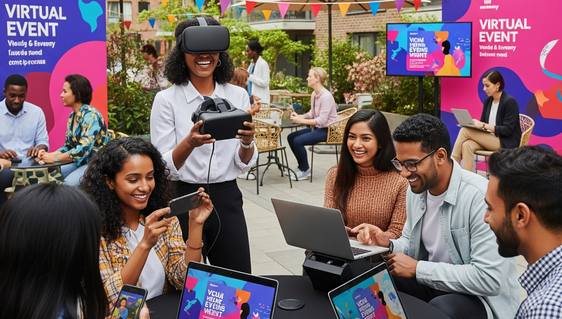 Virtual event booth setup in a public plaza with interactive display screens and QR codes