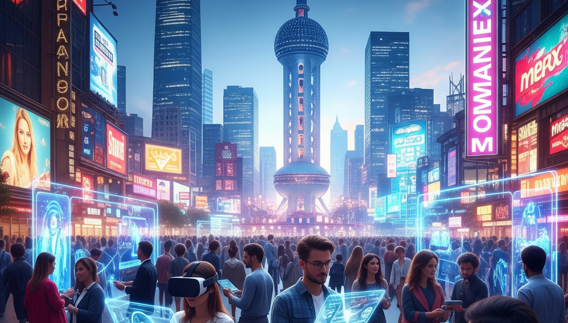 Virtual summit ad on a roadside banner in a busy urban street
