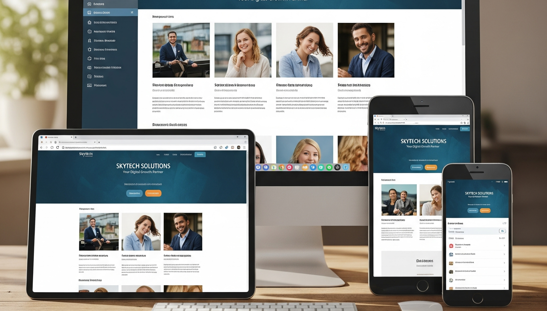 Multiple devices displaying the same website layout adapted for desktop, tablet, and mobile screens.